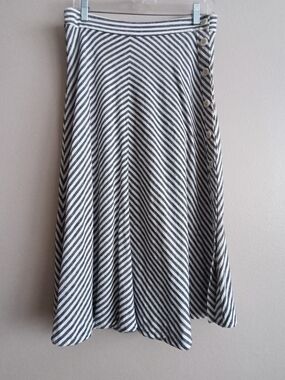 Madewell Linen Viscose Side-Button Midi Skirt in Rhoda Stripe Black White Size 8